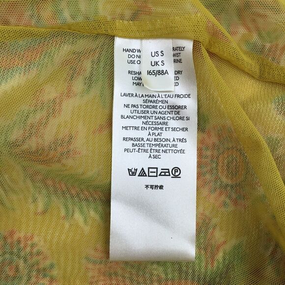 Anthropologie Sheer Mesh Babydoll Henley Top S Chartreuse Floral Balloon Sleeve - Picture 15 of 16